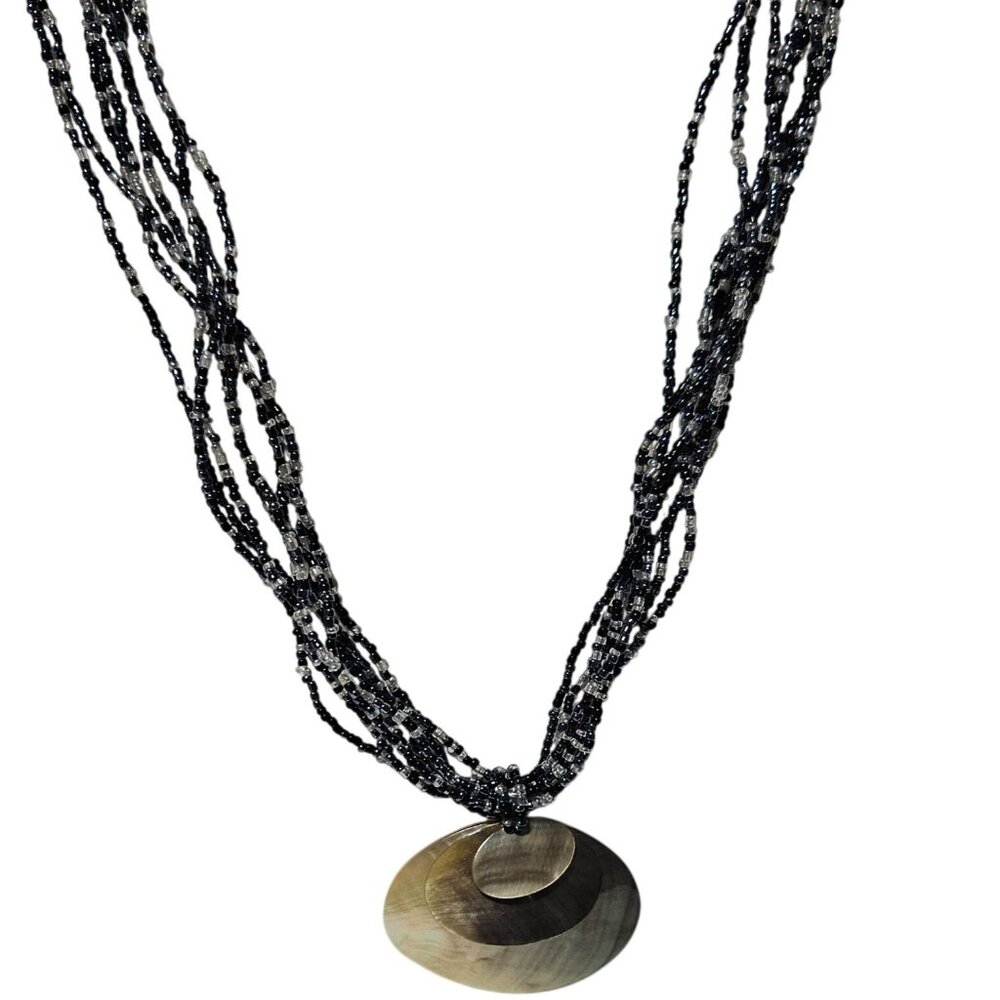 Beach Core Iridescent Shell Pendant Necklace Black Seed Beaded Multi Strand Boho